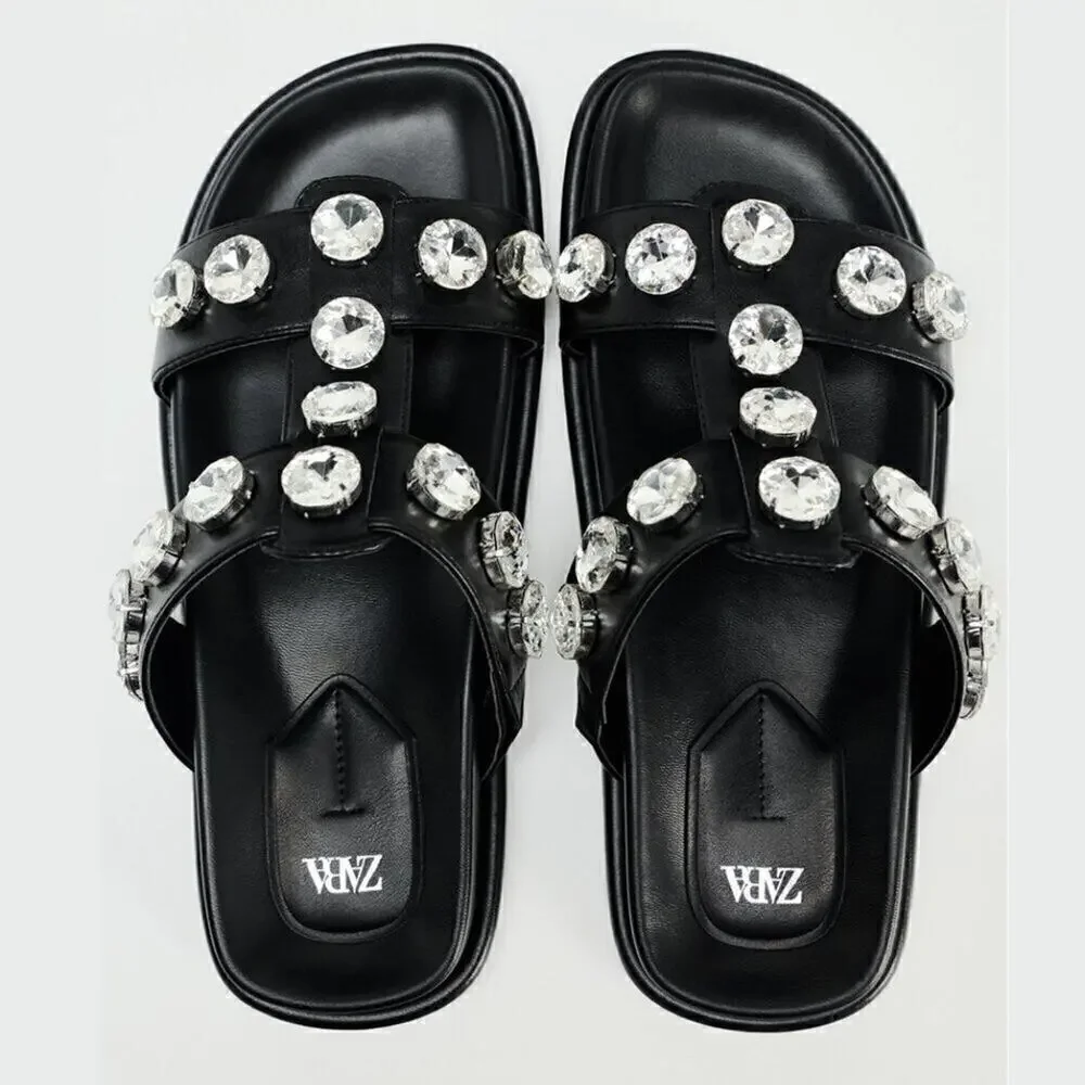 ZARA Black Crystal Embellished Flat Sandals NWT Double Strap Gem Slides Size 7.5 - Picture 16 of 16